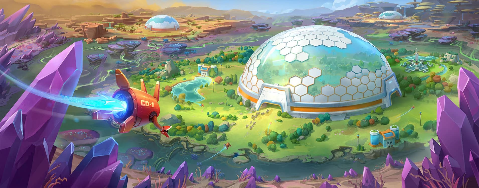 BioEden key art showing a restored ecosystem inside a dome on a recovering planet
