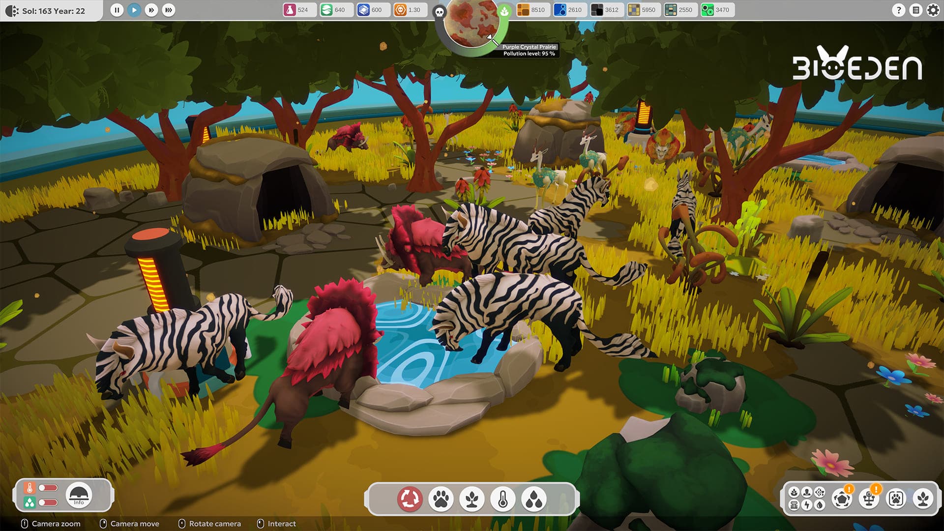 A restored BioEden habitat with zebras and other revived animals around a watering area